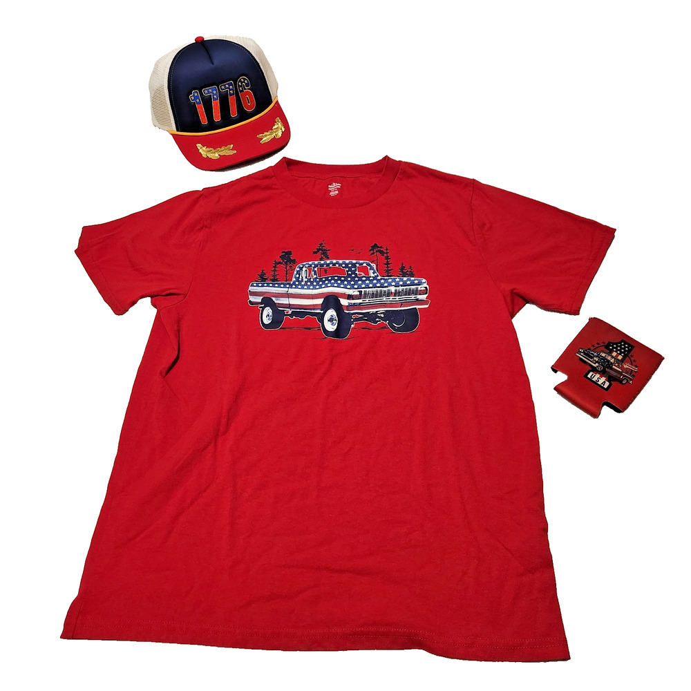 Patriotic Lot USA America Classic Truck T-Shirt Trucker Hat & Beer Coozie Mens M